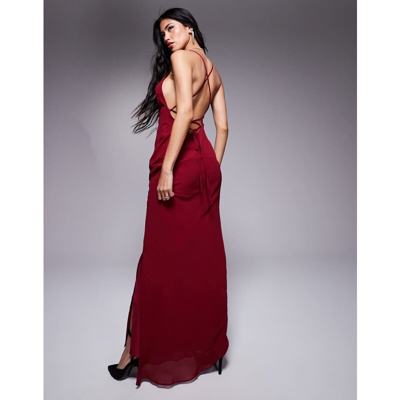 ASOS DESIGN Vestito lungo bordeaux asimmetrico con fascette