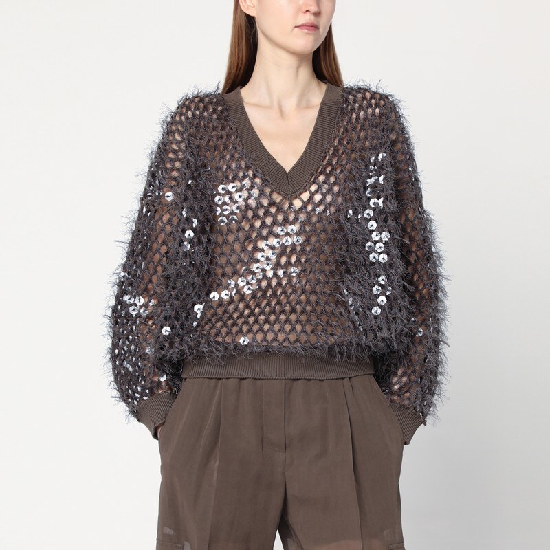 Brunello Cucinelli Maglia a rete color cioccolato con paillettes