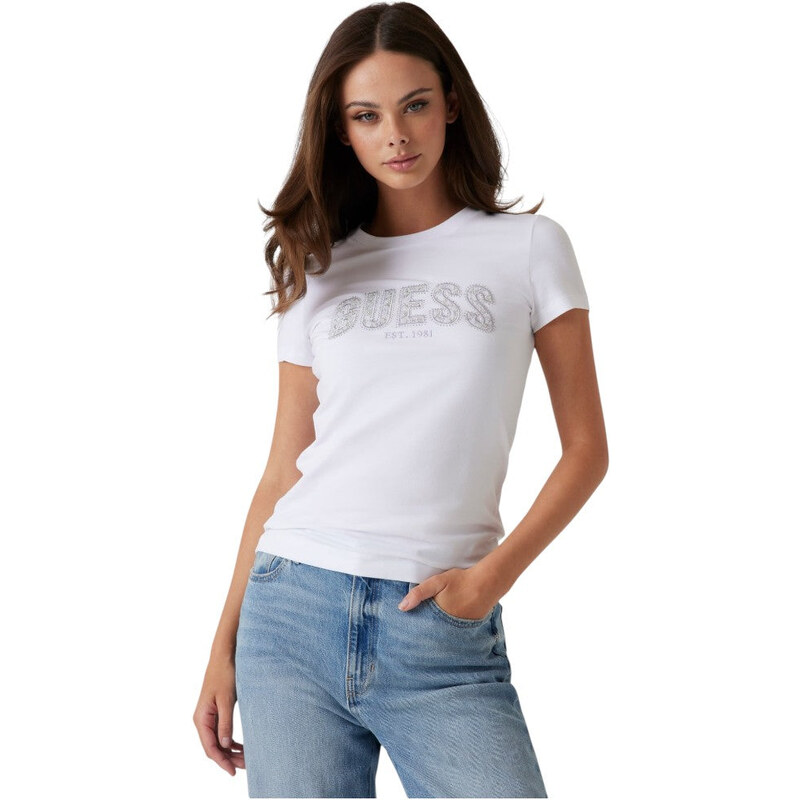 Guess t-shirt bianca logo con strass W5GI04 J1314 G011
