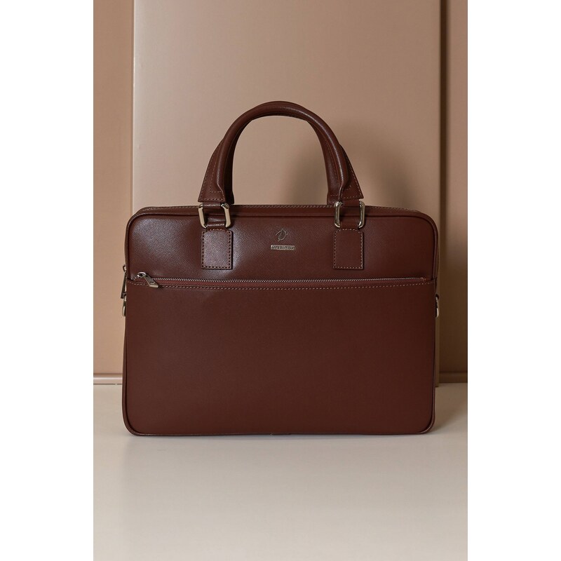 Borsa Ventiquattrore in pelle di vitello marrone saffiano tasca zip D'Arienzo