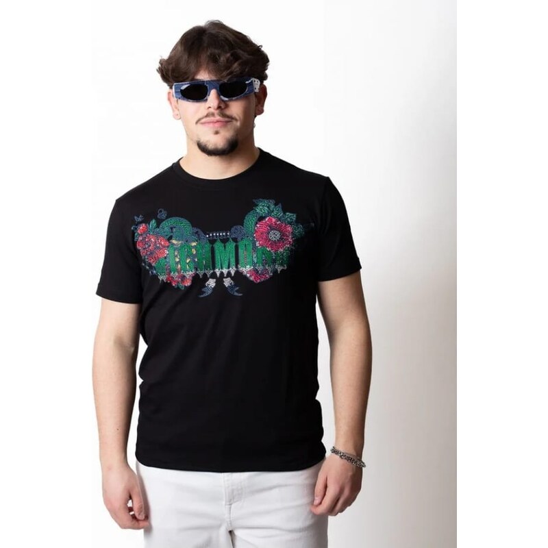 Richmond tshirt nera uomo in cotone maxi logo con strass sul davanti