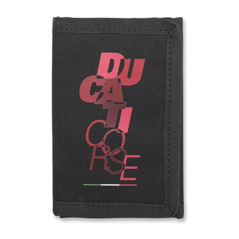 Portafoglio in tessuto nero con chiusura a strappo e logo rosso