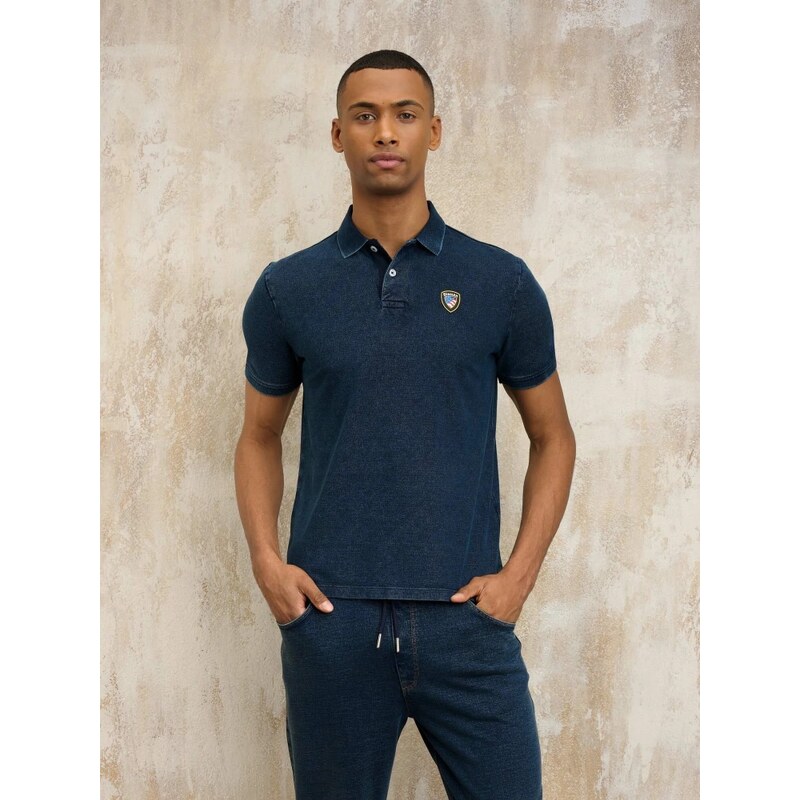 Blauer polo blu denim uomo in cotone logo sul petto