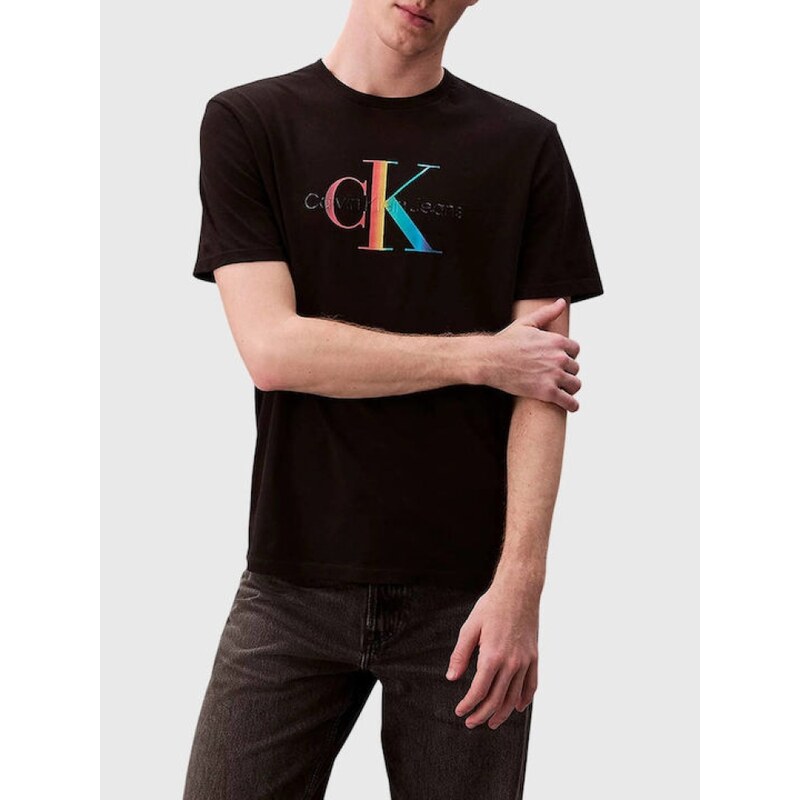 Calvin Klein tshirt nera uomo in cotone logo multicolor frontale