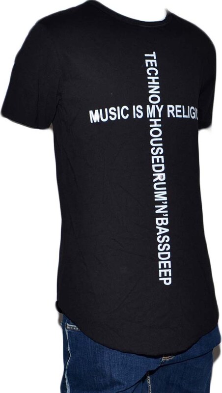 Malu Shoes T-Shirt lunga uomo nera oversize maniche corte scritta la music is my religion street style estate