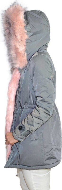 K-ZELL Parka donna invernale con pelliccia rosa eco giacca giubbotto piumino lungo grigio pelo extra volume imbottito caldo mod