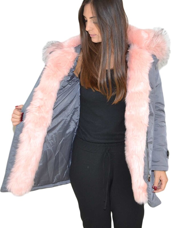 K-ZELL Parka donna invernale con pelliccia rosa eco giacca giubbotto piumino lungo grigio pelo extra volume imbottito caldo mod
