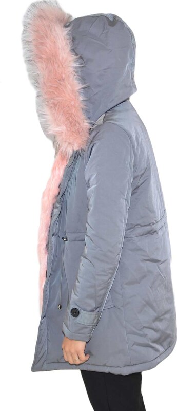 K-ZELL Parka donna invernale con pelliccia rosa eco giacca giubbotto piumino lungo grigio pelo extra volume imbottito caldo mod
