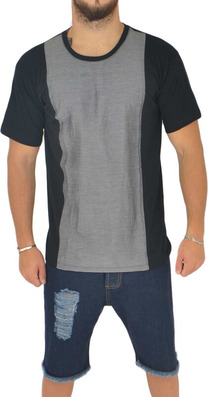 Malu Shoes T- shirt basic uomo cotone nero modello over con inserti in tessuto grigio sul petto girocollo made in italy moda