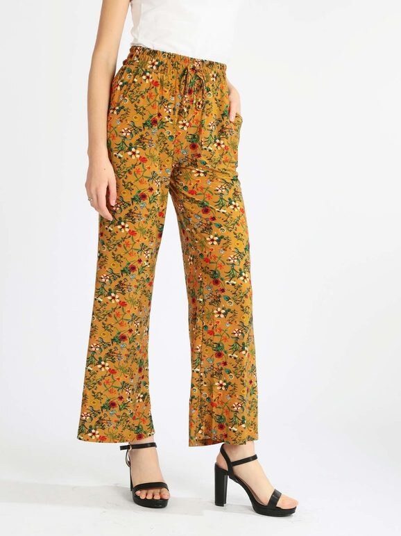 Gladys Pantaloni Donna a Palazzo Floreali Casual Beige Taglia M/l