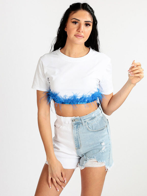 Solada T-shirt Cropped Donna Con Piume Manica Corta Blu Taglia Unica