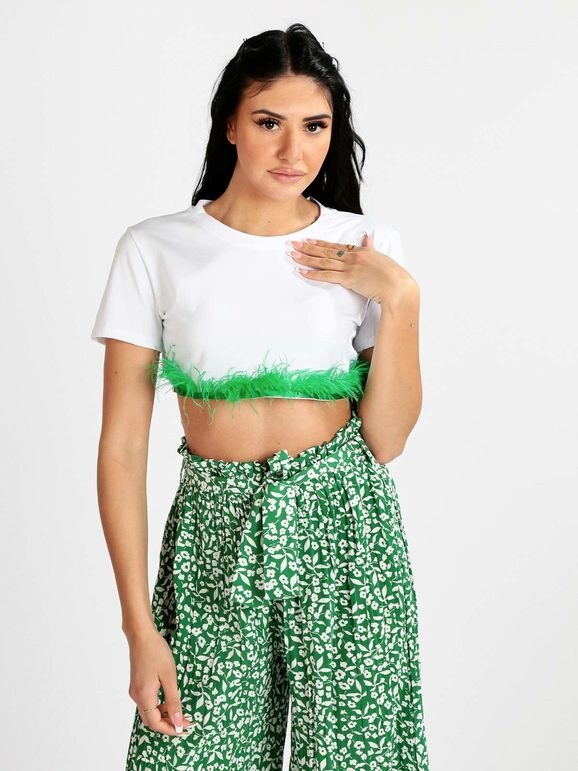 Solada T-shirt Cropped Donna Con Piume Manica Corta Verde Taglia Unica