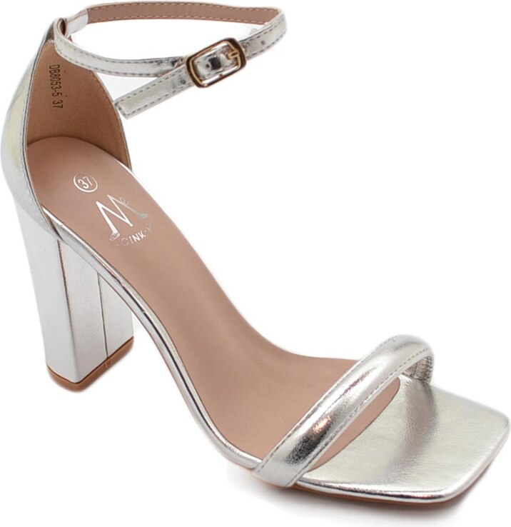 Malu Shoes Sandalo alto donna argento lucido con tacco doppio 10 cm cinturino alla caviglia linea basic cerimonia evento elegante