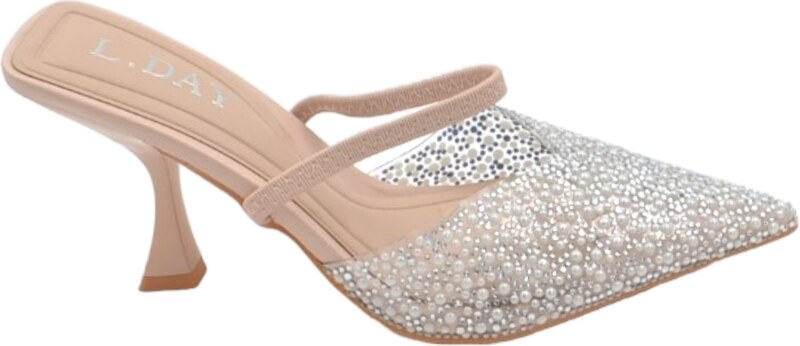 Malu Shoes Scarpa decollete slingback donna effetto nudo con trasparenza brillantini argento elastico in tono tacco martini 7 cm