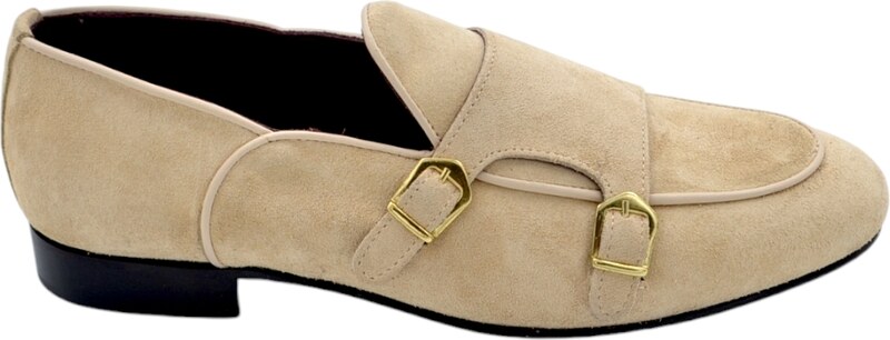 LUISANTIAGO Scarpa mocassino uomo ls doppia fibbia oro vera pelle scamosciato beige spazzolato a mano interno bordeaux vero cuoio