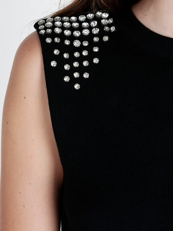 Solada Vestito Donna Smanicato In Maglia Con Dettagli Strass Vestiti Nero Taglia Unica