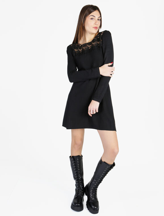 Solada Vestito Da Donna a Maniche Lunghe Con Scollo In Pizzo Macramè Vestiti Nero Taglia Unica