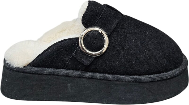 Malu Shoes Ciabatta pantofola donna nero con interno di pelliccia e fibbia comodo fondo alto 3 cm