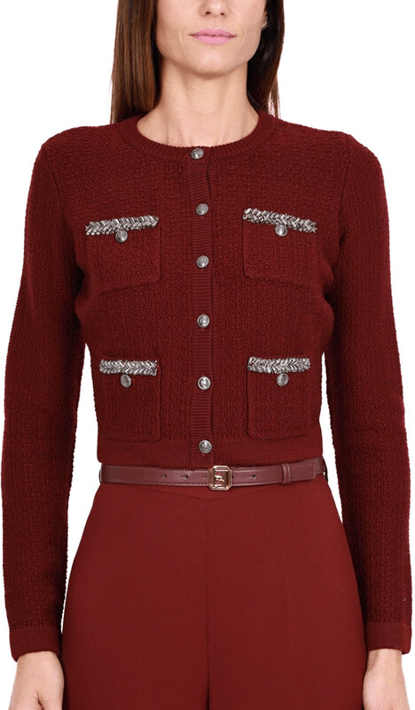 Elisabetta Franchi CARDIGAN GIROCOLLO IN LANA BOUCLÈ BORDEAUX