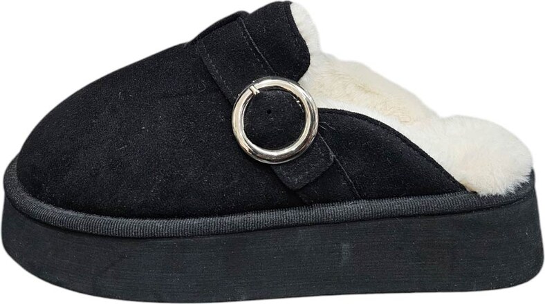 Malu Shoes Ciabatta pantofola donna nero con interno di pelliccia e fibbia comodo fondo alto 3 cm
