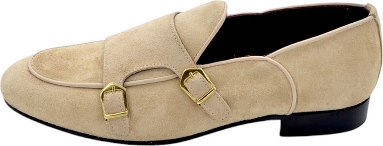 LUISANTIAGO Scarpa mocassino uomo ls doppia fibbia oro vera pelle scamosciato beige spazzolato a mano interno bordeaux vero cuoio