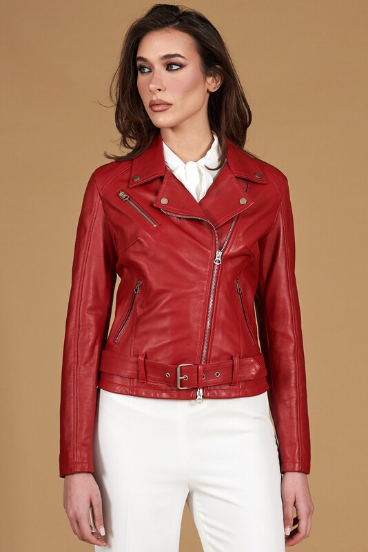 Chiodo in pelle rossa con cintura nappa effetto liscio D'Arienzo