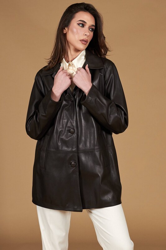 Giacca in pelle marrone monopetto chiusura bottoni D'Arienzo