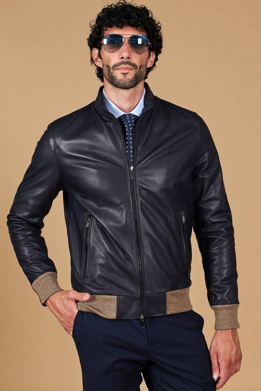 Giubbotto bomber in pelle naturale blu lana a contrasto beige D'Arienzo