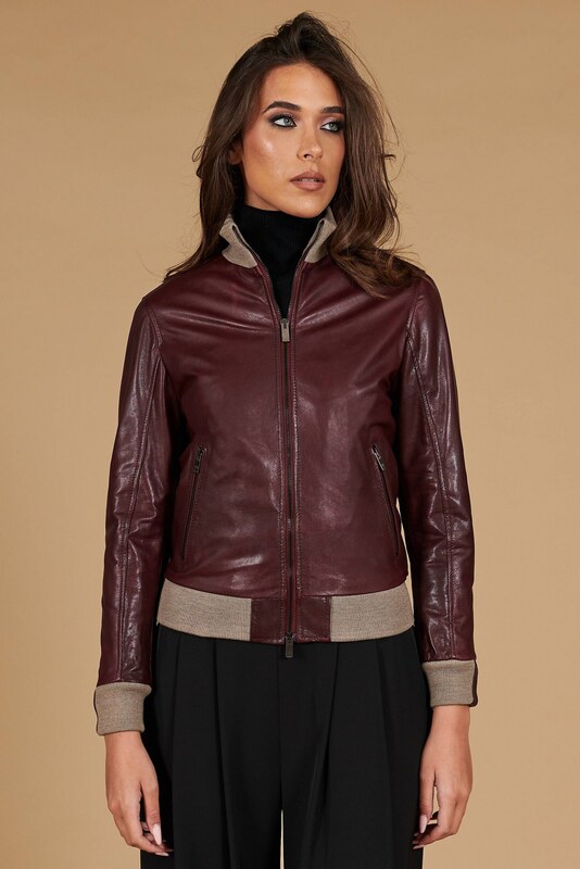 Bomber in pelle naturale bordeaux collo in lana merino D'Arienzo