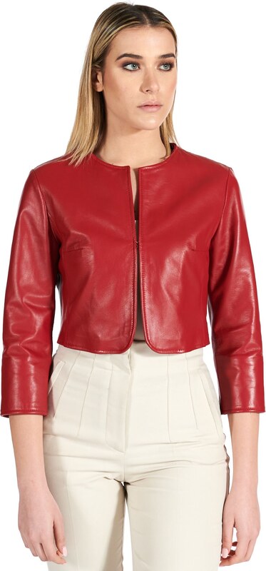 Giacca corta bolero in pelle rossa girocollo nappa effetto liscio D'Arienzo