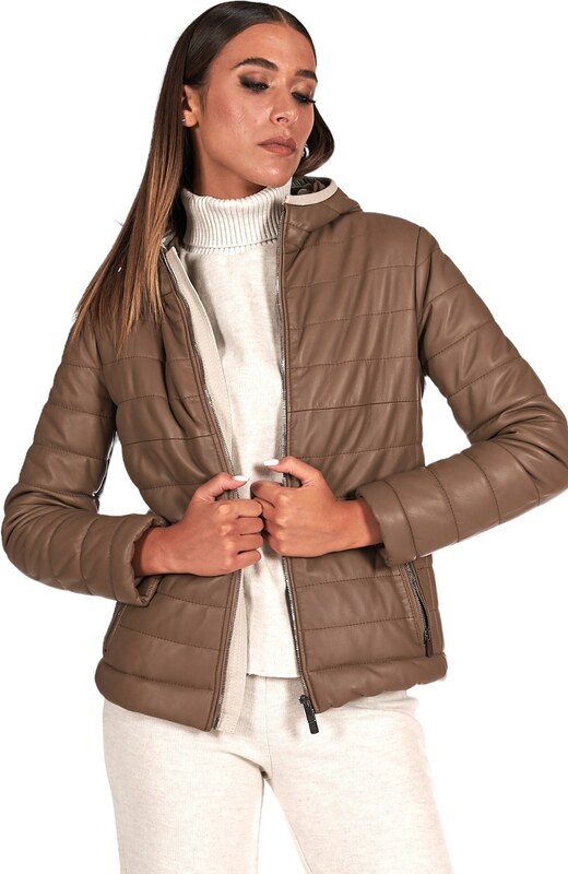 Piumino in pelle fango con cappuccio bordo color crema D'Arienzo