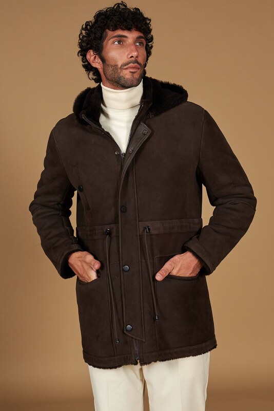 Cappotto montone shearling testa di moro con cappuccio staccabile D'Arienzo