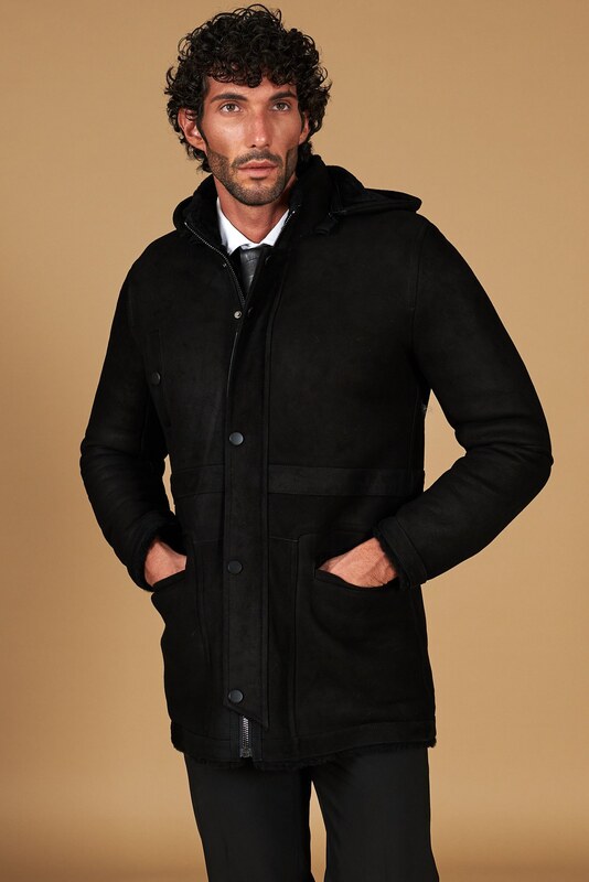 Cappotto montone shearling scamosciato nero con cappuccio staccabile D'Arienzo