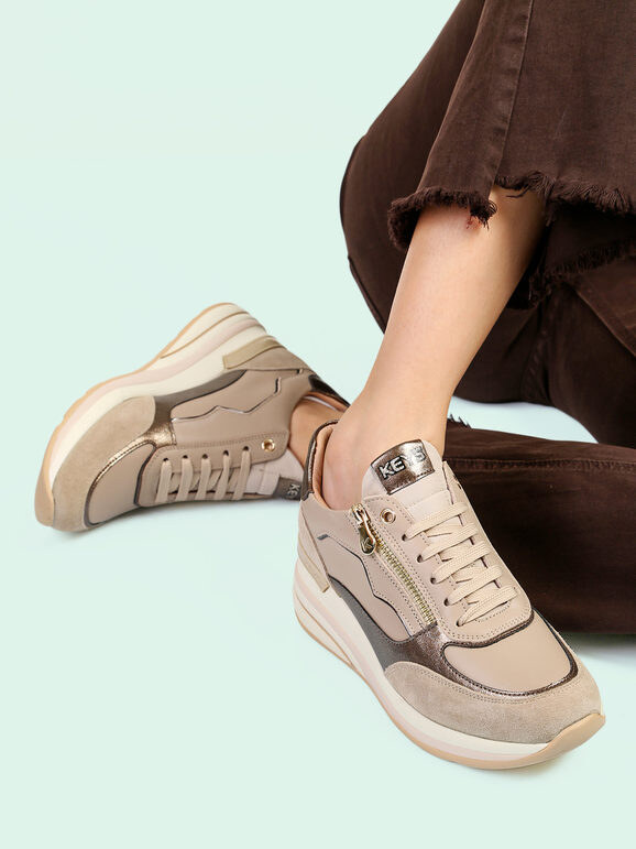 Sneakers Zeppa Donna Beige E Grigio – Tomaia In Pelle Sintetica, Suola Leggera, Tacco 4.7 Cm, Chiusura Lacci, Taglia 36 EU