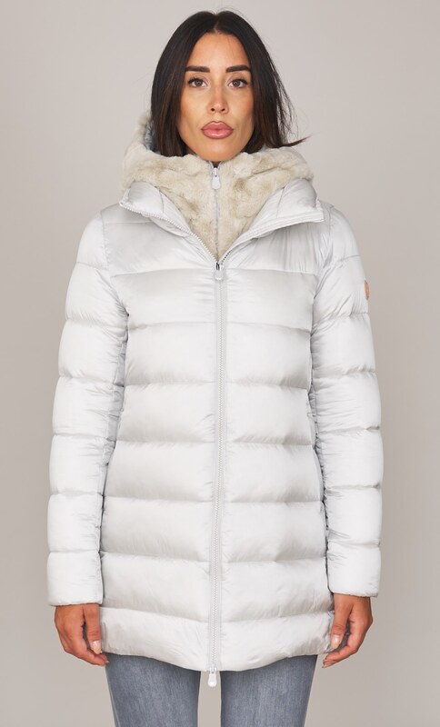 PIUMINO LUNGO SVASATO SAVE THE DUCK CON PELLICCIA ECOLOGICA MATILDA, Colore Ghiaccio