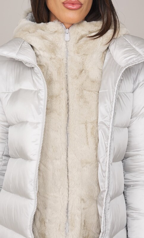 PIUMINO LUNGO SVASATO SAVE THE DUCK CON PELLICCIA ECOLOGICA MATILDA, Colore Ghiaccio