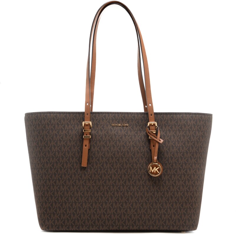 Michael Kors borsa a spalla grande da donna in vera pelle con logo monogram all over marrone acorn
