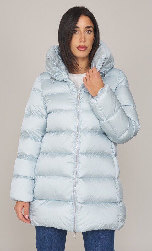 PIUMINO LUNGO ADD SVASATO CON COLLO CAPPUCCIO AVVOLGENTE, Colore Celeste