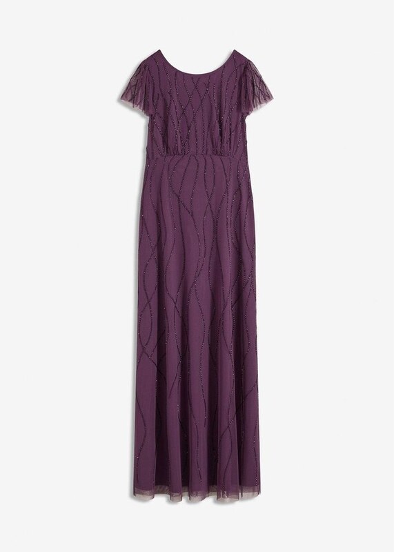 bonprix Abito lungo in tulle delicato con ricamo e perline, viola