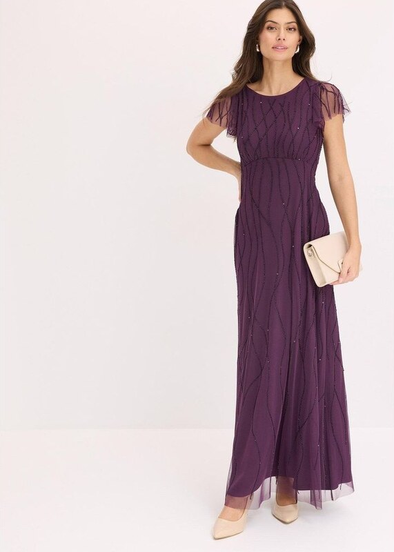 bonprix Abito lungo in tulle delicato con ricamo e perline, viola