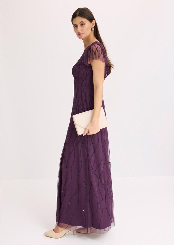 bonprix Abito lungo in tulle delicato con ricamo e perline, viola