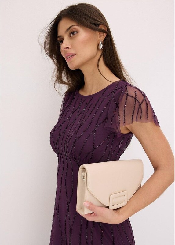 bonprix Abito lungo in tulle delicato con ricamo e perline, viola