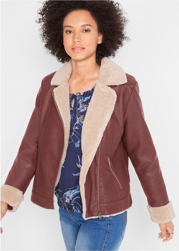 bonprix Giacca in similpelle foderata, Marrone