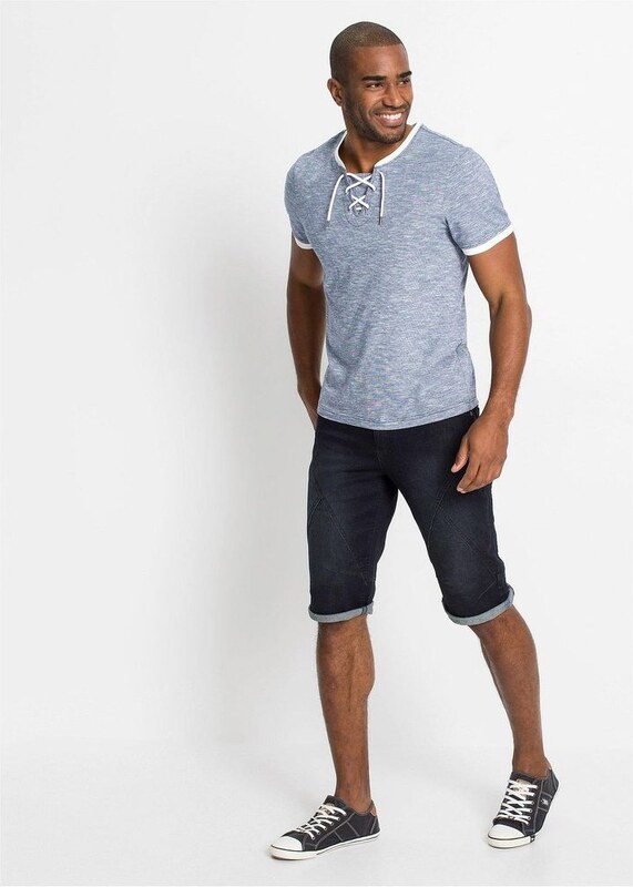 bonprix T-shirt con stringatura in cotone biologico, Blu, 100% cotone