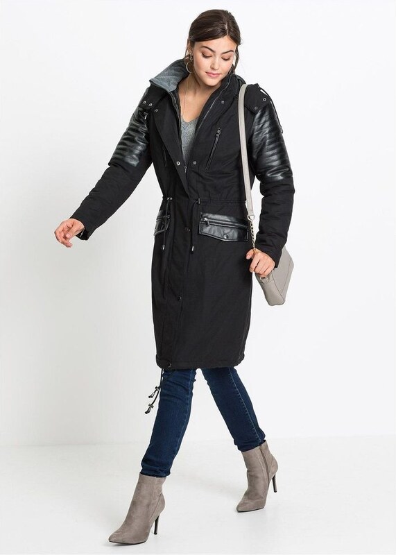 bonprix Parka lungo con similpelle, Nero, similpelle
