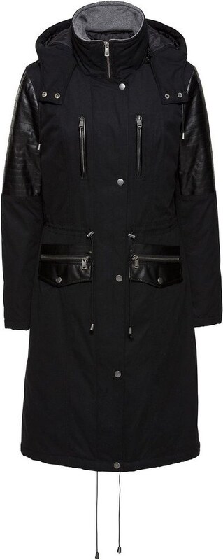 bonprix Parka lungo con similpelle, Nero, similpelle