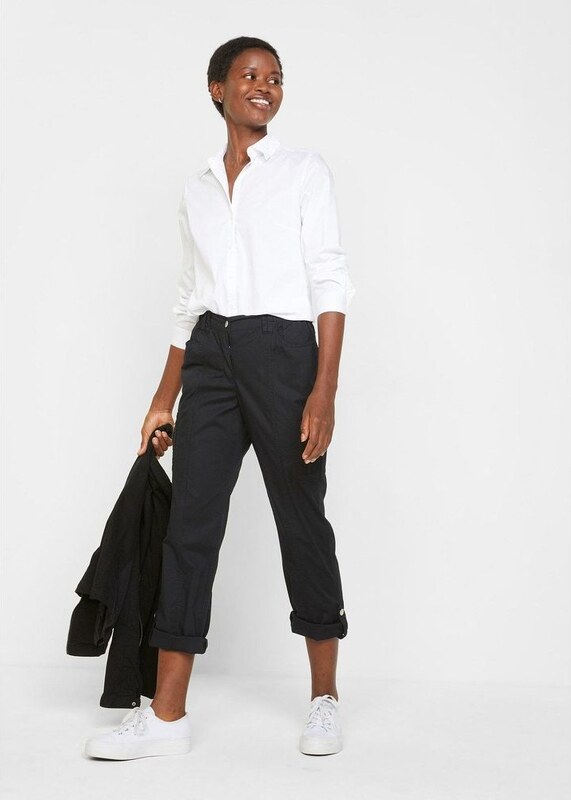 bonprix Giacca in twill di cotone con inserti laterali elasticizzati, Nero, similpelle