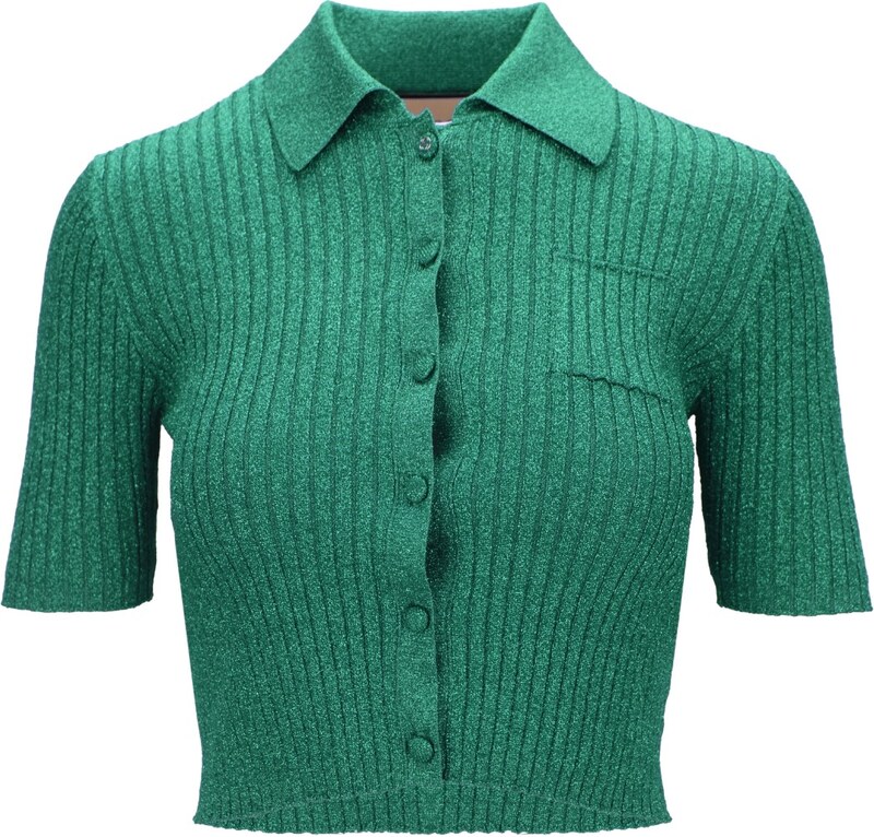 GUCCI 775479 3180 Cropped Polo-XS Verde Metallizzato Viscosa, Fibra Metallizzata, Poliammide, Elastan