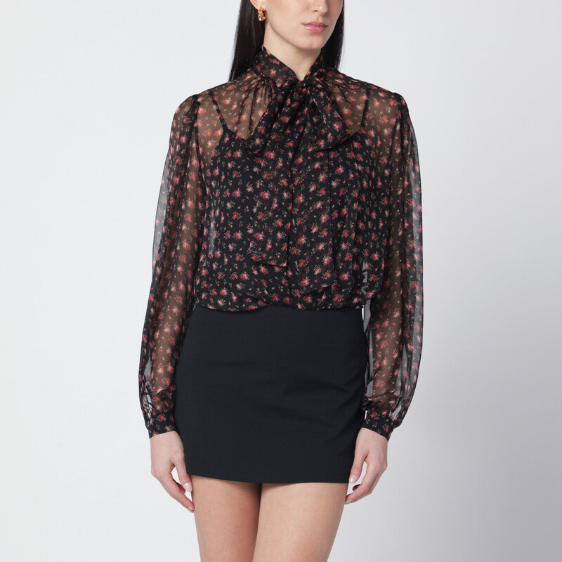 Dolce&Gabbana Blusa nera in chiffon con stampa roselline