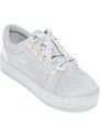 Malu Shoes Sneakers bassa art.7666 nabuk grigio con fortino glitter e accessori oro fondo glitter